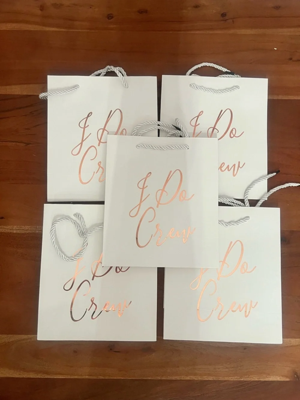 “I Do Crew” White Bachelorette Gift Bags with Rose Gold Script (Set of 5)